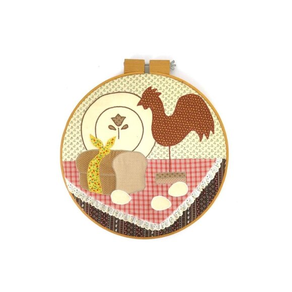 Vintage 1980s Kitchen Hoop Art Hanging Handmade Fabric Rooster Picture - Picture 1 of 6